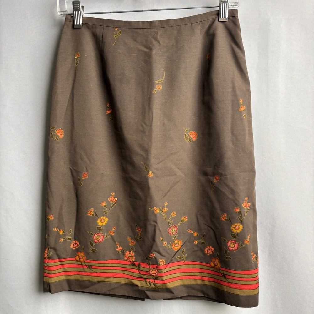 VTG 90s Y2K Ann Taylor Silk Pencil Skirt Brown Orange Floral 2‎ Fairy Prep
